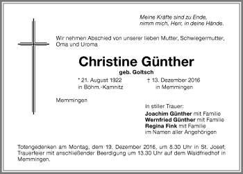 Traueranzeige von Christine Günther von Memminger Zeitung