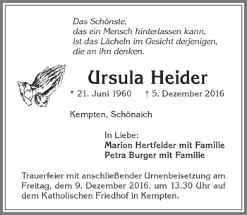 Traueranzeige von Ursula Heider von Allgäuer Zeitung,Kempten