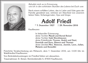 Traueranzeige von Adolf Friedl von Allgäuer Zeitung, Kaufbeuren/Buchloe