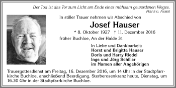 Traueranzeige von Josef Hauser von Allgäuer Zeitung, Kaufbeuren/Buchloe