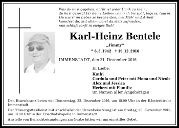 Traueranzeige von Karl-Heinz Bentele von Allgäuer Anzeigeblatt