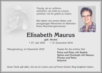 Traueranzeige von Elisabeth Maurus von Allgäuer Zeitung, Marktoberdorf
