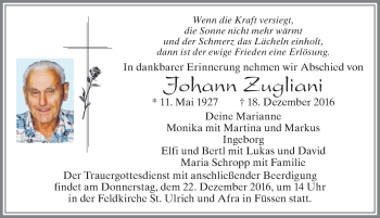 Traueranzeige von Johann Zugliani von Allgäuer Zeitung, Füssen