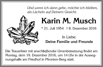 Traueranzeige von Karin M. Musch von Allgäuer Zeitung,Kempten