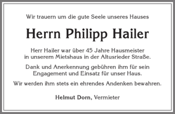 Traueranzeige von Philipp Hailer von Allgäuer Zeitung,Kempten