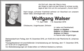Traueranzeige von Wolfgang Walser von Memminger Zeitung