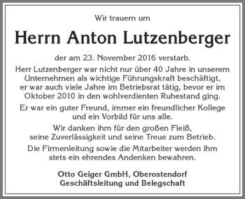 Traueranzeige von Anton Lutzenberger von Allgäuer Zeitung, Kaufbeuren/Buchloe