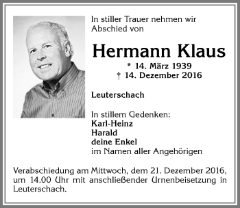 Traueranzeige von Hermann Klaus von Allgäuer Zeitung, Marktoberdorf