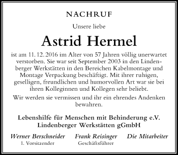 Traueranzeige von Astrid Hermel von Der Westallgäuer