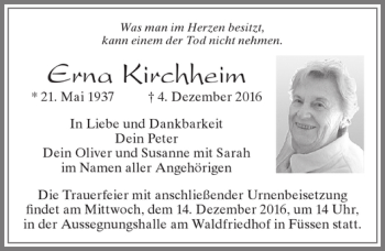 Traueranzeige von Erna Kirchheim von Allgäuer Zeitung, Füssen
