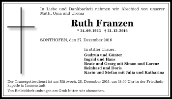 Traueranzeige von Ruth Franzen von Allgäuer Anzeigeblatt