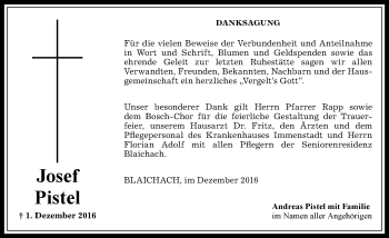 Traueranzeige von Josef Pistel von Allgäuer Anzeigeblatt