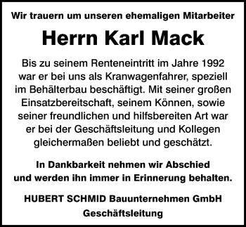 Traueranzeige von Karl Mack von Allgäuer Zeitung, Marktoberdorf