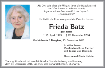 Traueranzeige von Frieda Batz von Allgäuer Zeitung, Marktoberdorf