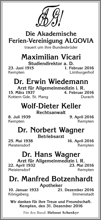 Traueranzeige von Im Gedenken Ferien-Vereinigung Algovia von Allgäuer Zeitung,Kempten