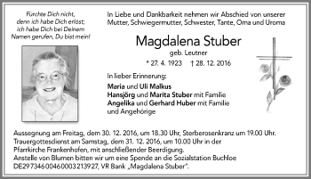 Traueranzeige von Magdalena Stuber von Allgäuer Zeitung, Kaufbeuren/Buchloe