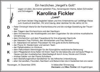 Traueranzeige von Karolina Fickler von Memminger Zeitung