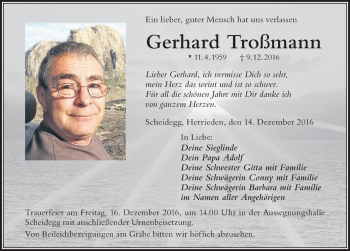 Traueranzeige von Gerhard Troßmann von Der Westallgäuer