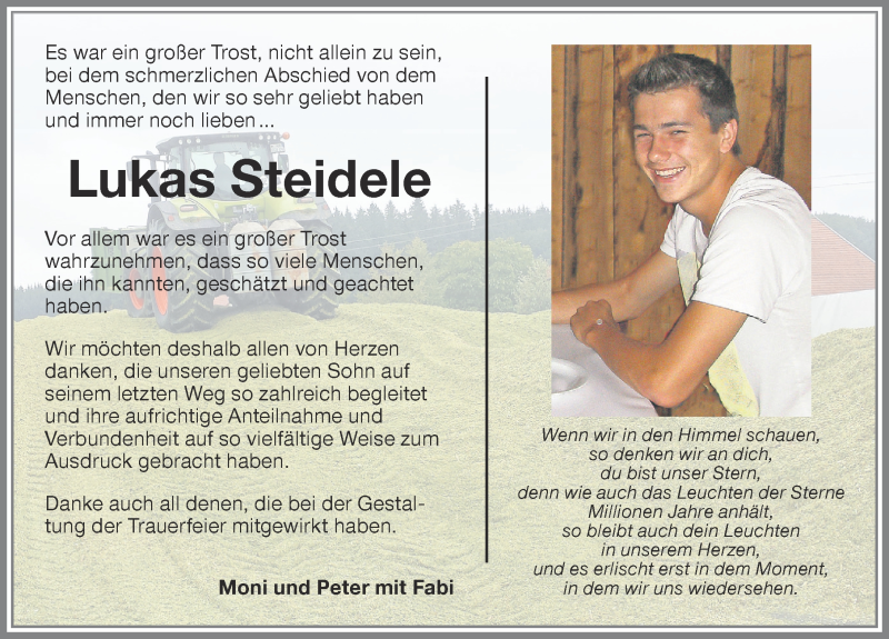  Traueranzeige für Lukas Steidele vom 17.12.2016 aus Allgäuer Zeitung