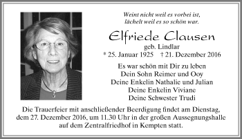 Traueranzeige von Elfriede Clausen von Allgäuer Zeitung