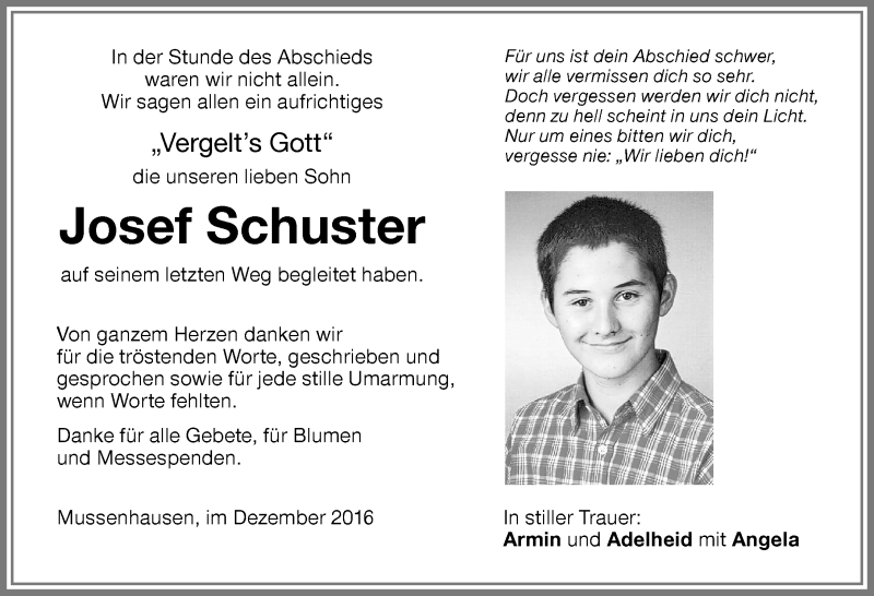  Traueranzeige für Josef Schuster vom 27.12.2016 aus Allgäuer Zeitung