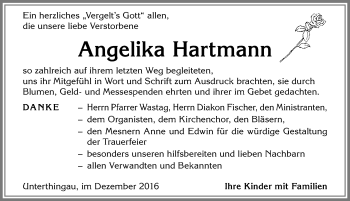 Traueranzeige von Angelika Hartmann von Allgäuer Zeitung, Marktoberdorf