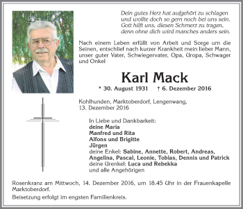 Traueranzeige von Karl Mack von Allgäuer Zeitung, Marktoberdorf