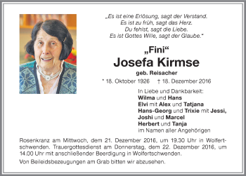 Traueranzeige von Josefa Kirmse von Memminger Zeitung