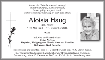 Traueranzeige von Aloisia Haug von Allgäuer Zeitung, Füssen