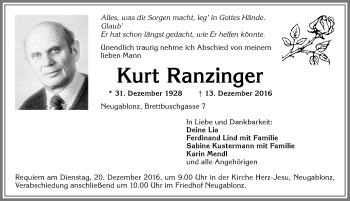 Traueranzeige von Kurt Ranzinger von Allgäuer Zeitung, Kaufbeuren/Buchloe