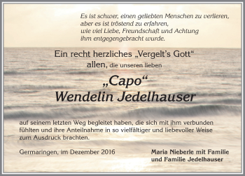Traueranzeige von Wendelin Jedelhauser von Allgäuer Zeitung, Kaufbeuren/Buchloe
