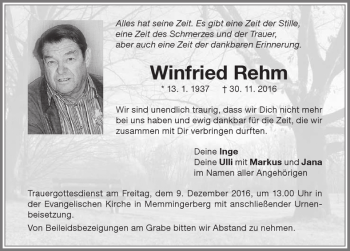 Traueranzeige von Winfried Rehm von Memminger Zeitung