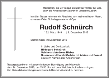 Traueranzeige von Rudolf Schnürch von Memminger Zeitung