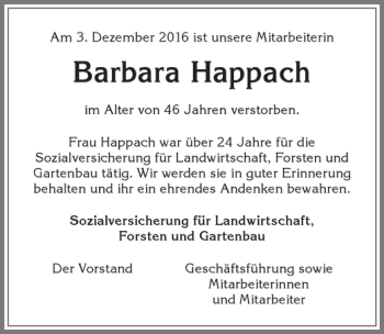 Traueranzeige von Barabra Happach von Allgäuer Zeitung, Kaufbeuren/Buchloe