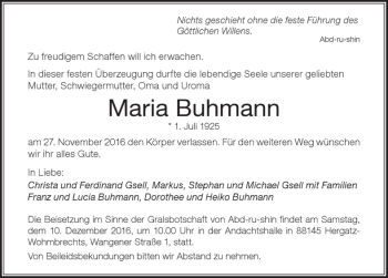 Traueranzeige von Maria Buhmann von Der Westallgäuer