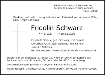 Traueranzeige von Fridolin Schwarz von Der Westallgäuer