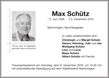 Traueranzeige von Max Schütz von Memminger Zeitung