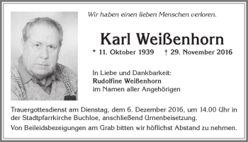 Traueranzeige von Karl Weißenhorn von Allgäuer Zeitung, Kaufbeuren/Buchloe