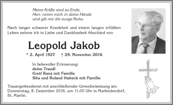 Traueranzeige von Leopold Jakob von Allgäuer Zeitung, Marktoberdorf