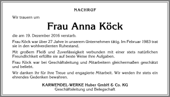 Traueranzeige von Anna Köck von Allgäuer Zeitung, Kaufbeuren/Buchloe