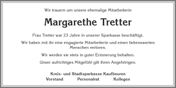 Traueranzeige von Margarethe Tretter von Allgäuer Zeitung, Kaufbeuren/Buchloe