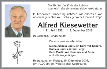 Traueranzeige von Alfred Kiesewetter von Allgäuer Zeitung, Kaufbeuren/Buchloe