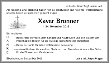 Traueranzeige von Xaver Bronner von Allgäuer Zeitung, Marktoberdorf