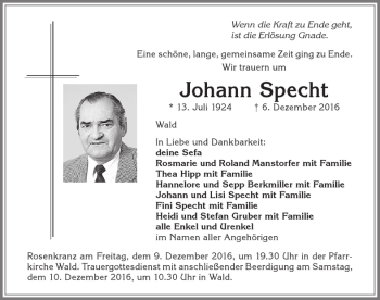 Traueranzeige von Johann Specht von Allgäuer Zeitung, Marktoberdorf