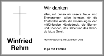 Traueranzeige von Winfried Rehm von Memminger Zeitung