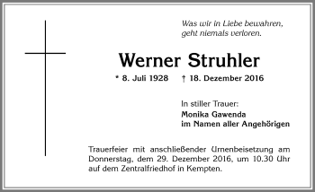 Traueranzeige von Werner Struhler von Allgäuer Zeitung,Kempten