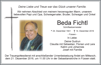 Traueranzeige von Beda Fichtl von Allgäuer Zeitung, Füssen