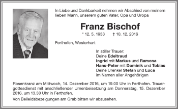 Traueranzeige von Franz Bischof von Memminger Zeitung