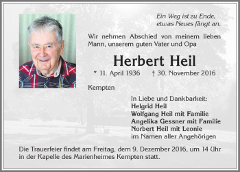 Traueranzeige von Herbert Heil von Allgäuer Zeitung,Kempten