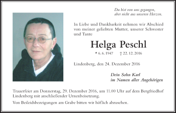 Traueranzeige von Helga Peschl von Der Westallgäuer